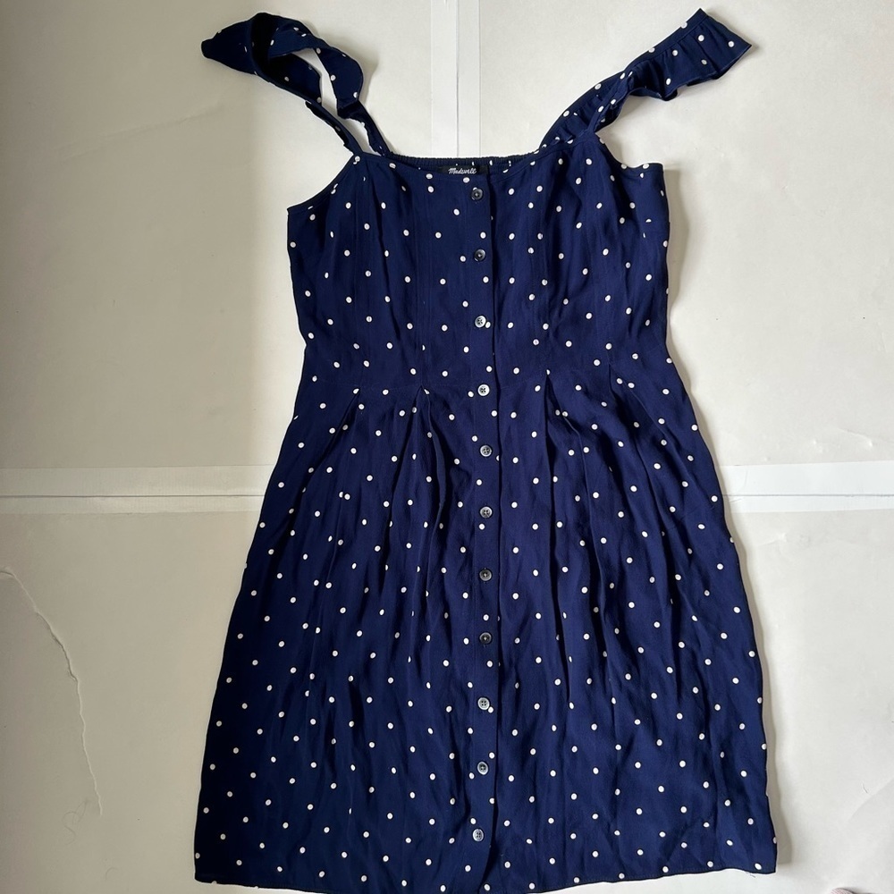 MADEWELL Ruffle-Strap Button-Front Dress in Polka Dot navy white size 2 - Picture 10 of 13